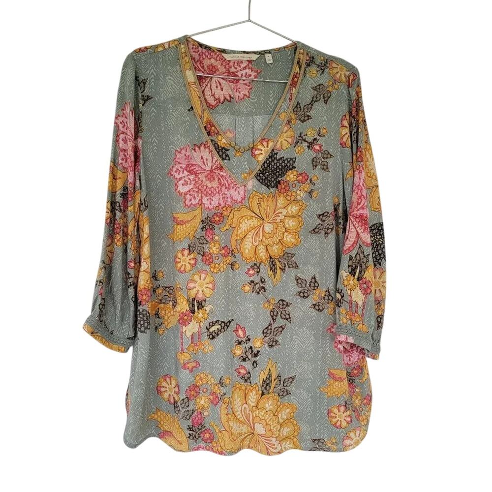 Soft Surroundings Floral Boho Blouse Green Multicolor Rayon Women Size M